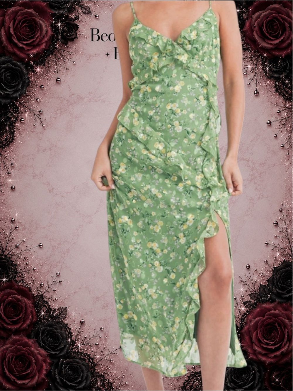 🔴New NWT Women's Lush Floral Ruffle Midi Dress Green Floral - Small